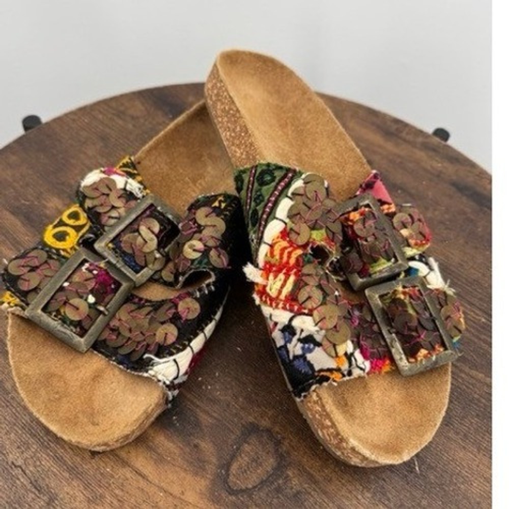 Free People Cork Embroidered Sequin Buckle Slide Sandals SZ 7 Boho Comfort
